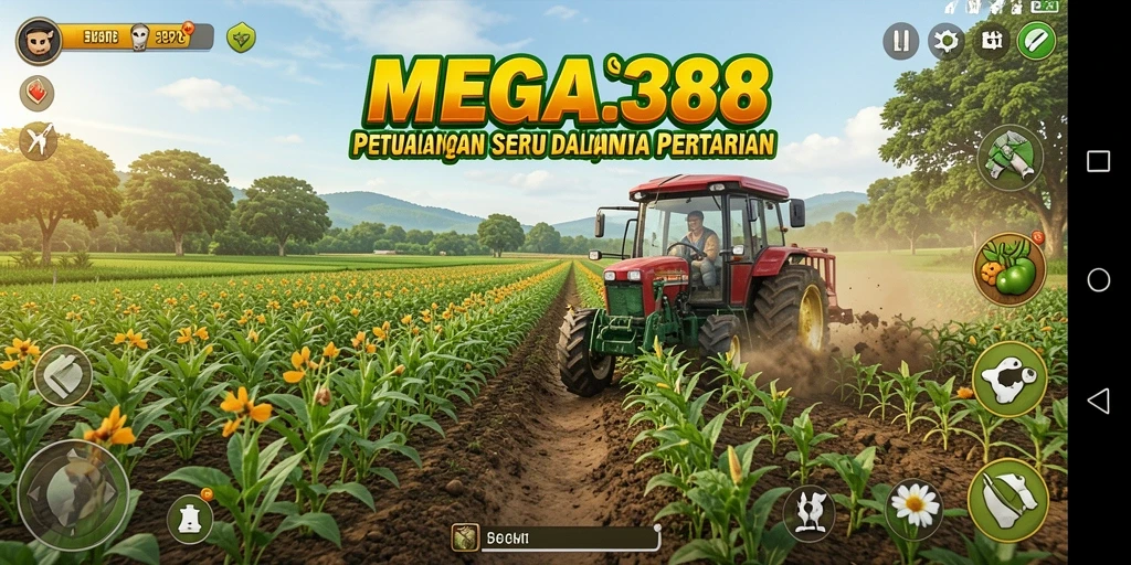 Tampilan gameplay MEGA388 dengan ladang yang subur dan tanaman beragam.