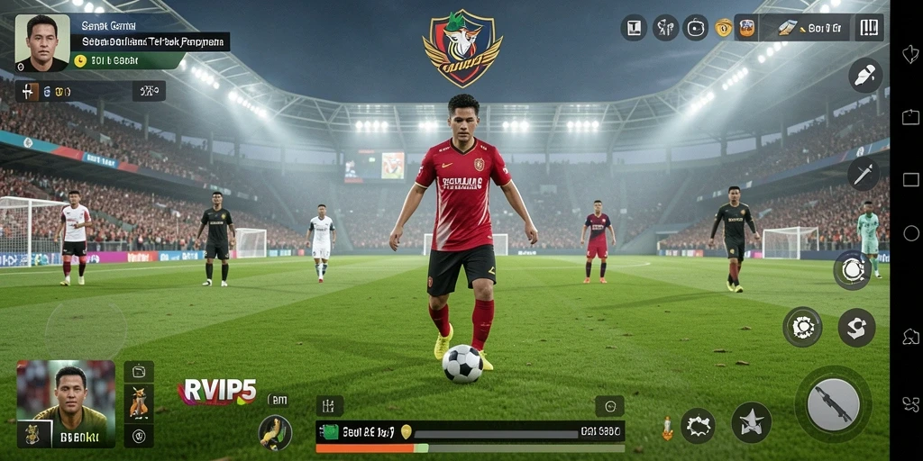 Tampilan menarik saat gameplay sepak bola seru.