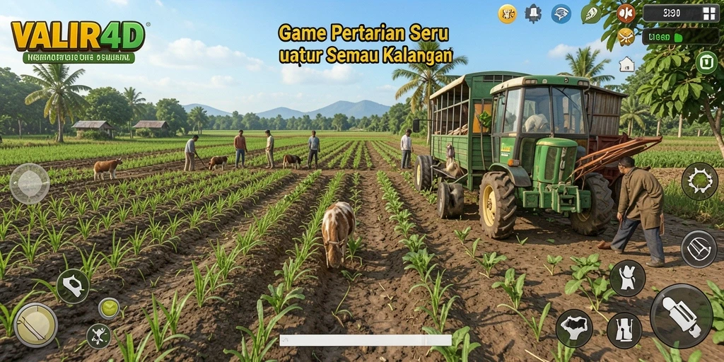 Tampilan gameplay VALIR4D dengan aktivitas pertanian yang menarik.